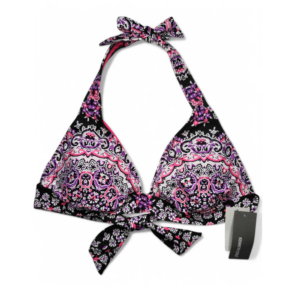 NWT KENNETH COLE Reaction Womens Colorfast Mandala Print Halter Bikini Top LG